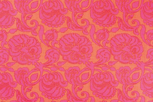Anna floral linen fabric in pink and orange hues with a repetitive floral pattern, designed by Michael Szell for Christopher Farr Cloth.
