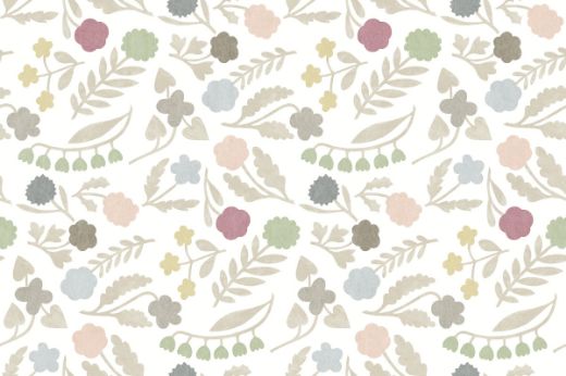 Array Floral Wallpaper in natural colourway with soft pastel pink, blue, and green tones, featuring a delicate floral design that creates a serene and nature-inspired look for walls and ceilings