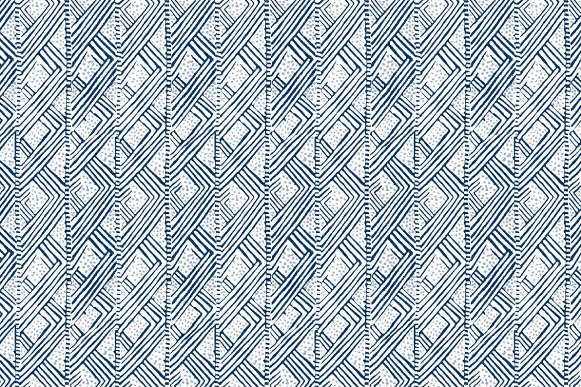 Belge printed wallpaper by Barron & Larcher for Christopher Farr Cloth – Lapis blue colour-way featuring blue and white tones with a geometric dots and lines pattern.