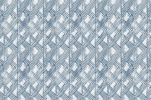 Belge printed wallpaper by Barron & Larcher for Christopher Farr Cloth – Lapis blue colour-way featuring blue and white tones with a geometric dots and lines pattern.