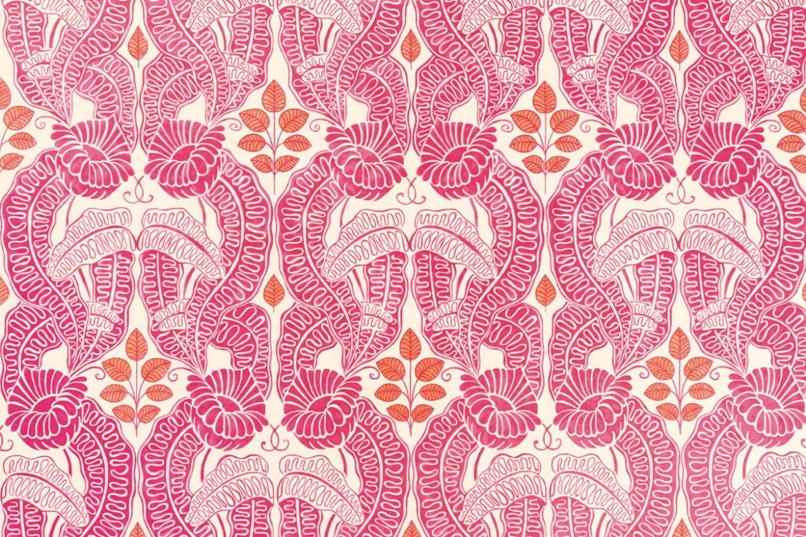 Pink and orange floral and leaf wallpaper design by Raoul Dufy, featuring vibrant, intricate patterns with bold flowers and soft leaves. The design blends modern and classic elements, creating a luxurious, nature-inspired aesthetic perfect for home interiors.