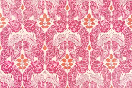 Pink and orange floral and leaf wallpaper design by Raoul Dufy, featuring vibrant, intricate patterns with bold flowers and soft leaves. The design blends modern and classic elements, creating a luxurious, nature-inspired aesthetic perfect for home interiors.
