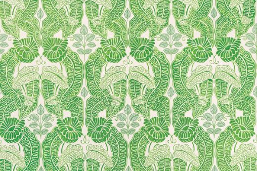 Green and white floral and leaf wallpaper design by Raoul Dufy, showcasing detailed botanical patterns with delicate leaves and elegant flowers. The design combines nature-inspired elements with a sophisticated, timeless aesthetic, ideal for enhancing home interiors.