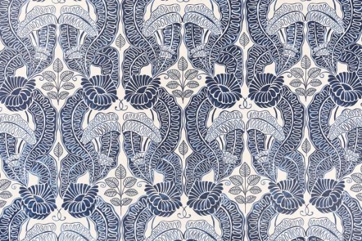 Blue navy and denim floral and leaf wallpaper design by Raoul Dufy, featuring bold, intricate patterns of flowers and leaves on a white background. The design combines modern elegance with a nature-inspired aesthetic, perfect for adding a sophisticated touch to home interiors.