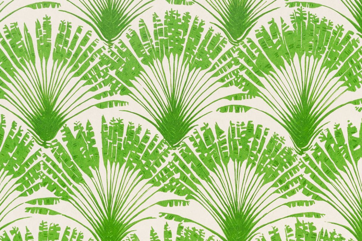 Brisa Printed Wallpaper in fresh grass green, featuring Michael Szell’s delicate feather fan motif. A bold yet elegant design for Christopher Farr Cloth.