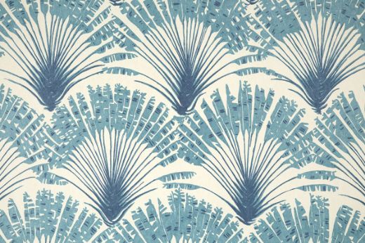 Brisa Printed Wallpaper in rich cobalt blue, with a repeating feather fan design. Designed by Michael Szell and printed for Christopher Farr Cloth.