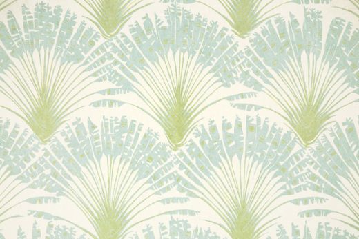 Brisa Printed Wallpaper in tropical turquoise Aruba, featuring a rhythmic feather fan pattern by Michael Szell for Christopher Farr Cloth. A fresh and uplifting design.