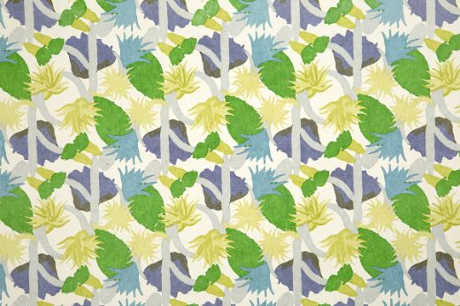 Cactus Flower Printed Wallpaper in rich grass green, with a bold floral design. This modern, nature-inspired pattern adds vibrant color and texture to any interior, created by Commune for Christopher Farr Cloth. Featuring blue and green colours
