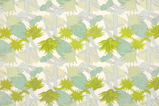Cactus Flower Printed Wallpaper in Aruba blue, showcasing a vibrant, abstract floral pattern by Commune. A fresh, contemporary design perfect for modern spaces that demand bold, artistic expression. Featuring fresh lime green, soft blue and aqua colours.
