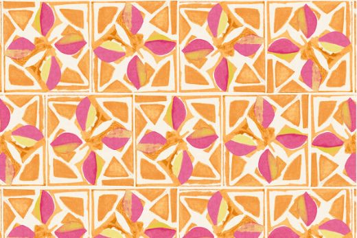 Vibrant fuchsia and orange wallpaper showcasing bold geometric patterns and organic textures, reflecting Sandra Blow’s artistic legacy.