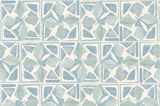 Light sky blue wallpaper featuring a repeating geometric pattern with hand-painted effects, derived from Sandra Blow’s abstract art.