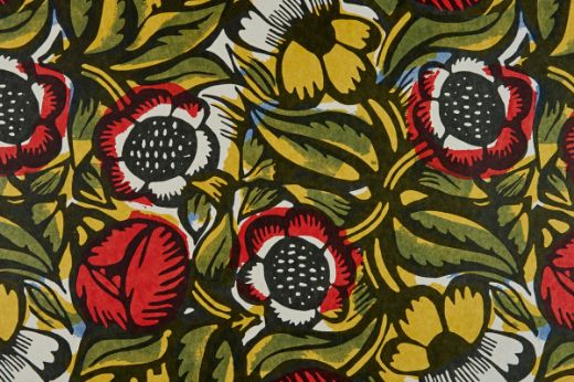 La Forêt Wallpaper in Poppy—painterly abstract florals in rich red, yellow, and olive green, echoing the warmth and vibrancy of the Berry fabric.