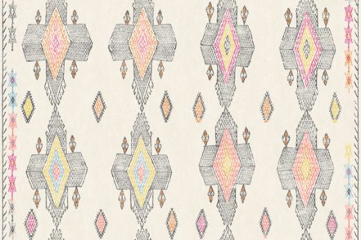 Geometric shapes in dark tones with pops of blues, yellow, greens and orange. 