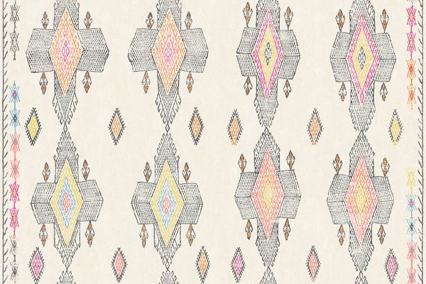 Geometric shapes in dark tones with pops of blues, yellow, greens and orange. 