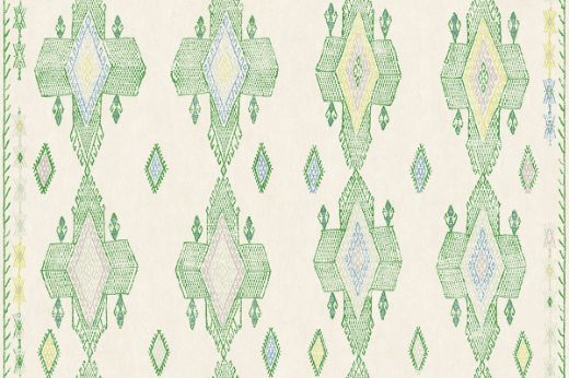 Geometric shapes in green tones with pops of blues and lime greens.
