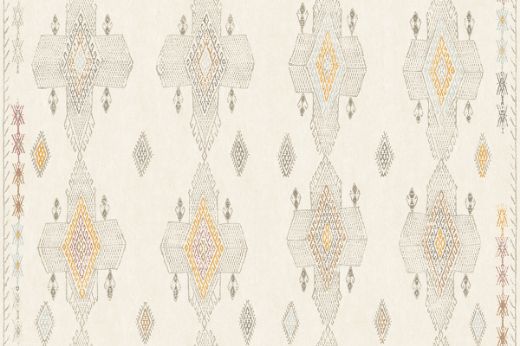 Geometric shapes in natural tones with pops of mustard yellows and browns.