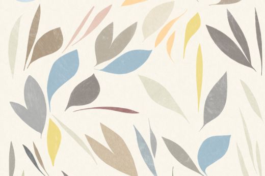 Colourful abstract wallpaper in blue tones, natural warm greys and pale yellows and oranges.