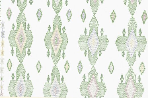 Geometric shapes in green tones with pops of lime green, light blues and warm greys. 