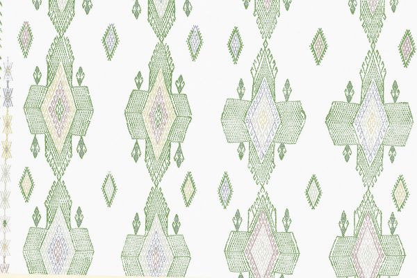 Geometric shapes in green tones with pops of lime green, light blues and warm greys. 