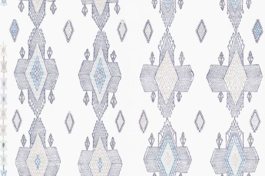 Geometric shapes in dark indigo tones with pops of blues and pale greys.