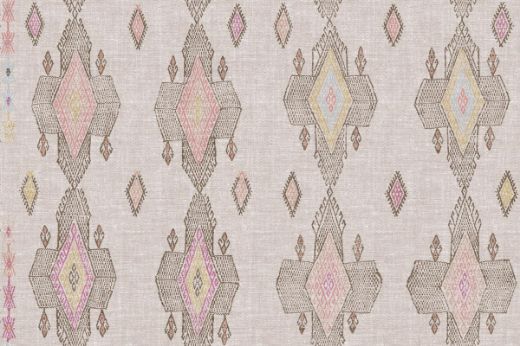 Geometric shapes in dark natural tones with pops of yellows, bright pinks and pale blues.