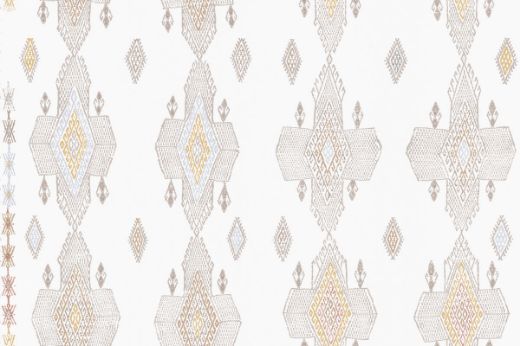 Geometric shapes in pale natural tones with pops of yellows and pale blues.