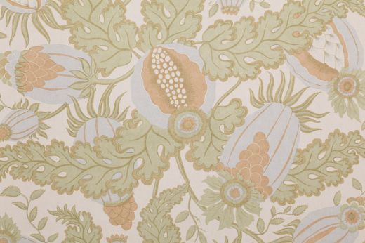 Christopher Farr Cloth Carnival Indoor Printed Wallpaper Sky. A detailed botanical illustration featuring large stylised flowers in shades of pale blue, green and salmon pink, with intricate leaves and stems on a light background.