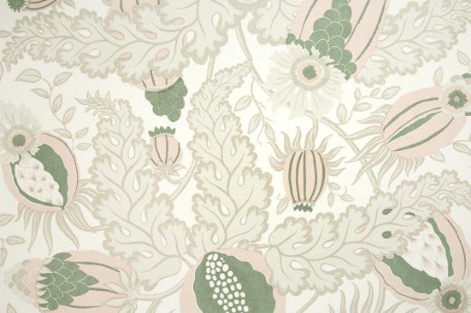 Christopher Farr Cloth Carnival Indoor Printed Wallpaper Moss. A detailed botanical illustration featuring large stylised flowers in shades of olive green, pink and beige, with intricate leaves and stems on a light background.
