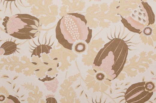 Christopher Farr Cloth Carnival Indoor Printed Wallpaper Cinnamon. A detailed botanical illustration featuring large stylised flowers in shades of pink and beige, with intricate leaves and stems on a light background.