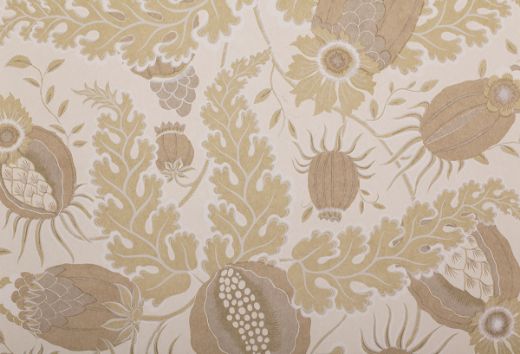 Christopher Farr Cloth Carnival Indoor Printed Wallpaper Slate. A detailed botanical illustration featuring large stylised flowers in shades of neutrals, with intricate leaves and stems on a light background.