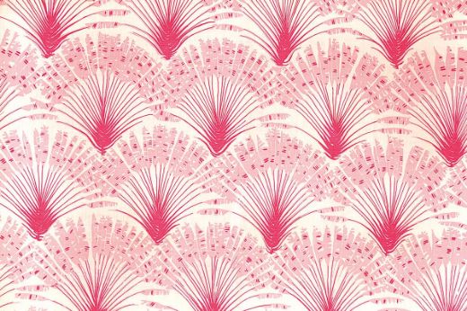 Brisa Feather Fan printed fabric in hot pink, featuring a repeated pattern of fanned feathers, designed by Michael Szell for Christopher Farr Cloth.
