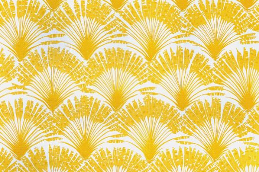 Brisa Feather Fan printed fabric in lemon yellow, featuring a repeated pattern of fanned feathers, designed by Michael Szell for Christopher Farr Cloth.