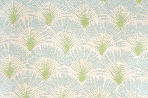 Brisa Feather Fan printed fabric in fresh aqua blue and green, featuring a repeated pattern of fanned feathers, designed by Michael Szell for Christopher Farr Cloth.