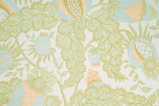 Christopher Farr Cloth Carnival Indoor Print Pale Blue. A detailed botanical illustration featuring large stylised flowers in shades of pale blue, green and salmon pink, with intricate leaves and stems on a light background. 