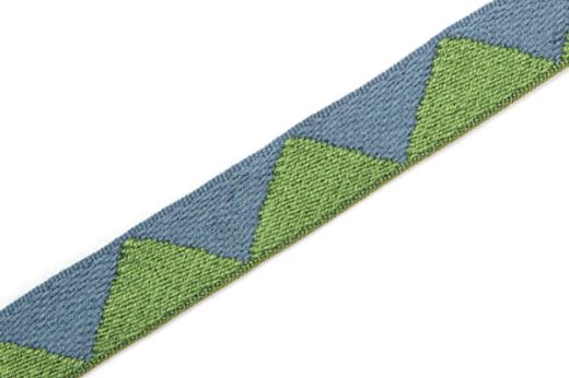 Big Top Tape fabric trim Green featuring a whimsical geometric pattern of blue and green triangles, which can be added to curtains, drapery, upholstery or accessories.  