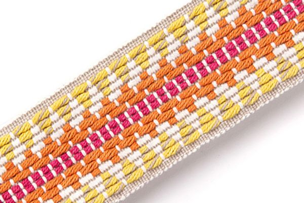 Railroad Border Trim in Orange – embroidered stripes in orange, pink, and yellow - inspired by railway lines.