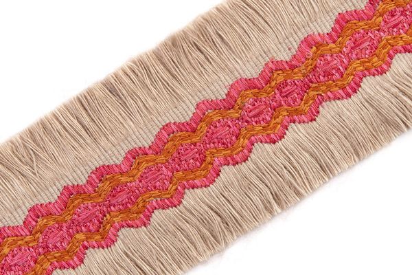 Trapeze border in hot pink, embroidered centre in pink with natural coloured fringing to either side 