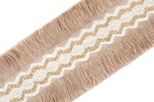Trapeze border in natural embroidered centre in white with natural coloured fringing to either side 