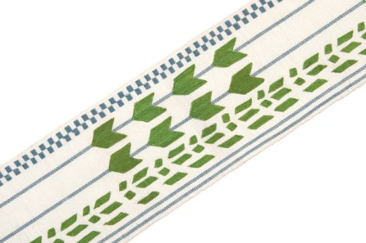 Geometric shapes in green with blue stripes going vertically and check at one side.