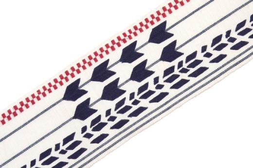 Geometric shapes in dark indigo with red check at one side