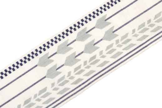 Geometric shapes in grey with blue stripes going vertically and check at one side.