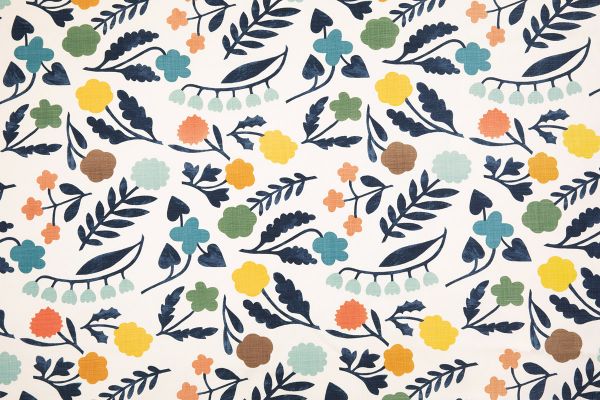 Array Linen Floral Fabric in dark indigo colourway, featuring a multi-coloured floral design with a dominant indigo blue tone, adding a vibrant and elegant touch to any interior.
