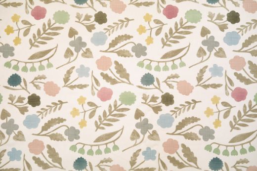 Array Linen Floral Fabric in natural colourway, featuring soft pastel pinks, greens, blues, and neutral tones in a delicate floral design, creating a serene and elegant natural aesthetic.