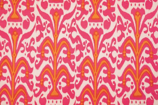 Belfour Damask linen fabric in pink and orange hues, featuring a repetitive printed damask pattern, designed by Michael Szell for Christopher Farr Cloth.