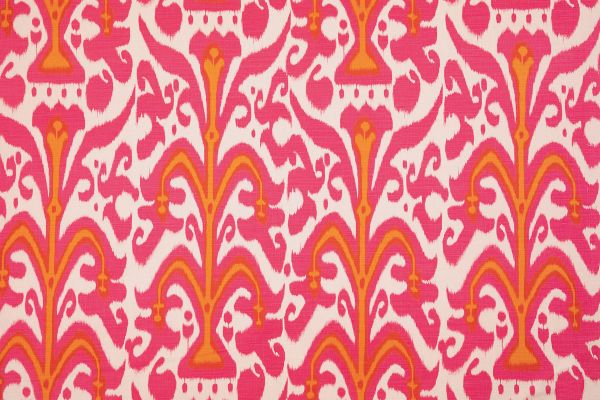 Belfour Damask linen fabric in pink and orange hues, featuring a repetitive printed damask pattern, designed by Michael Szell for Christopher Farr Cloth.