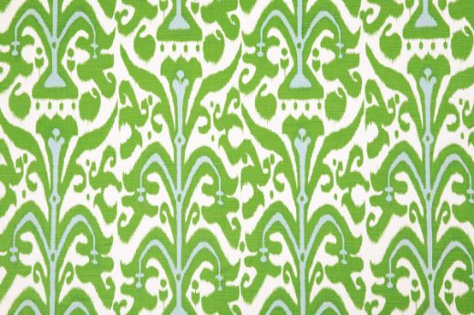 Belfour Damask linen fabric in fresh green and blue tone, featuring a repetitive printed damask pattern, designed by Michael Szell for Christopher Farr Cloth.