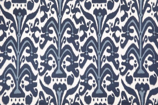 Belfour Damask linen fabric in denim blue and white hues, featuring a repetitive printed damask pattern, designed by Michael Szell for Christopher Farr Cloth.