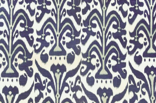 Belfour Damask linen fabric in indigo blue and white hues, featuring a repetitive printed damask pattern, designed by Michael Szell for Christopher Farr Cloth.
