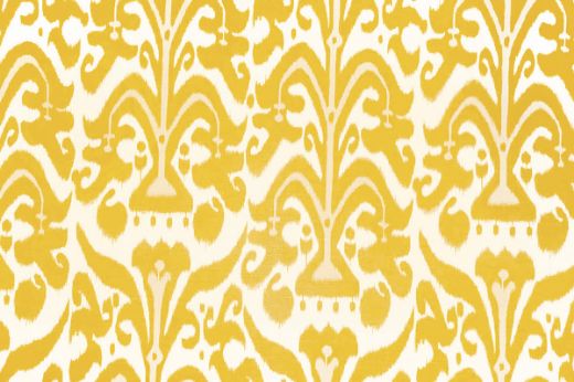 Belfour Damask linen fabric in lemon yellow and white colours, featuring a repetitive printed damask pattern, designed by Michael Szell for Christopher Farr Cloth.