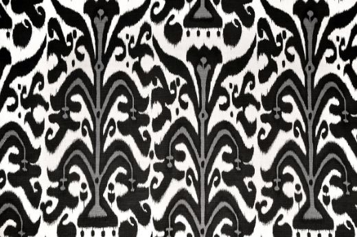 Belfour Damask linen fabric in black, white and grey tones, featuring a repetitive printed damask pattern, designed by Michael Szell for Christopher Farr Cloth.
